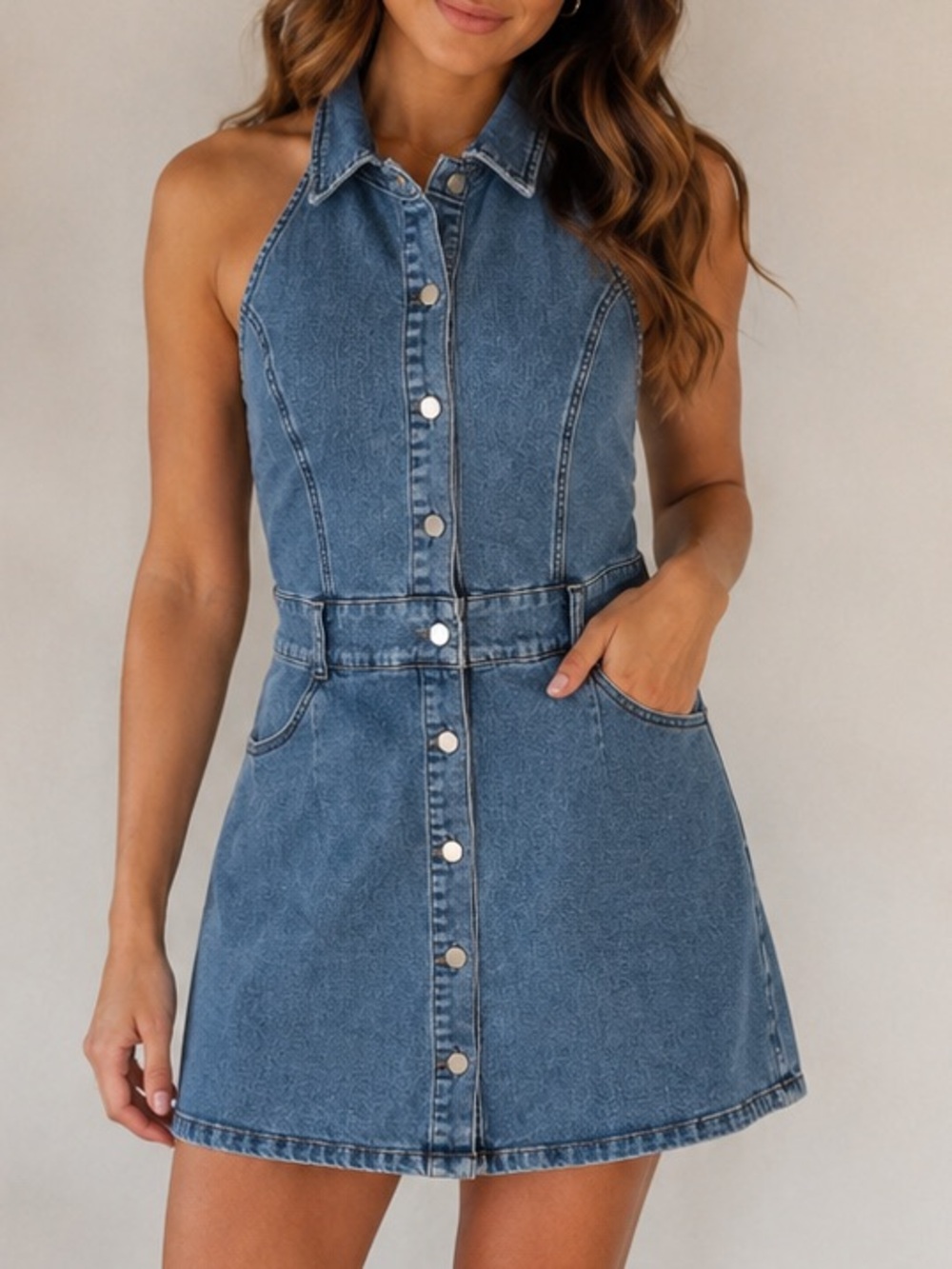 BaeVely Denim Halter Mini Dress Large Open Back Button Front Western Cowgirl